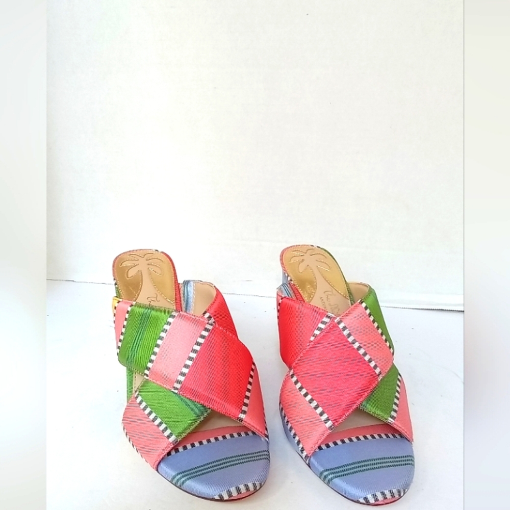 TL‎ RUTHIE Block Heel Mules Colorful Striped Open Toe Slides Size 9M
